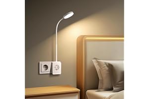 Aigostar Lampara de Lectura LED con Enchufe y Toma de Corriente, Salidas USB y Tipo C, Luz de Pared con Control Táctil, 3 Colores de Luz, Tubo de Luz Flexible Ajustable en 360°, Blanco