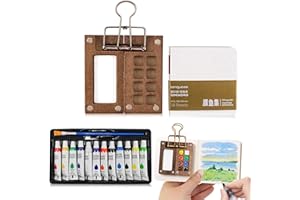 YOOTIKO Boîte de peinture aquarelle 12 couleurs, mini palette en bois portable et pliable, palette magnétique avec clip, kit de peinture aquarelle pour enfants, adultes, carnet de croquis et extérieur
