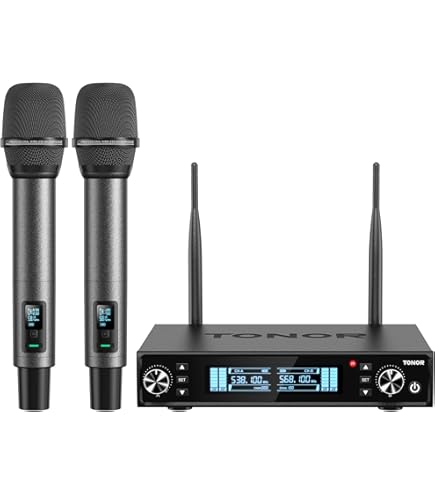 TONOR Mikrofon Kabellos Wiederaufladbares, UHF Funkmikrofon Set, 2x100 einstellbare Funk Metall Wireless Microphone mit Lichtring, Auto Scan, 100 m Reichweite für Gesang Karaoke Kirche Party, TW750