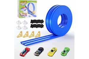 5-Foot Portable Race Car Track Set with 4 Toy Cars - Flexible Curved Ramp Road with Jump Loops for 1/64 Scale Model Vehicles, Blue Roll-Up Dual Lane Racetrack for Kids Ages 3 and Up (Blue)