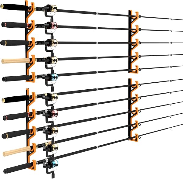 tonhui 2 Piezas Soporte Cañas Pescar Pared y Techo, Organizador Cañas Pescar Horizontal con Goma PU Suave, Porta Cañas de Pescar Garage para 10 Cañas, Estante Antiarañazos (Negro/Amarillo) - 1