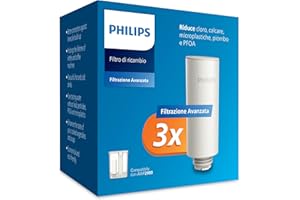 Philips Water Cartuccia filtrante istantanea – Filtrazione Avanzata, confezione da 3 pezzi, riduce CLORO, PIOMBO, PESTICIDI e MICROPLASTICHE, flusso rapido 1 L/min