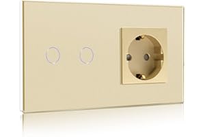 BSEED Interruptor con Enchufe,2 Gang 1 Vía Interruptor de Luz con Enchufe de pared,Oro Interruptor tactil de Luz pared con indicador LED,enchufes de extensión con panel de vidrio templado
