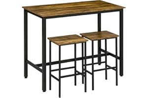 HOMCOM 120x60cm Bar Table Set, Breakfast Table with 2 Stools, 3-Piece Counter Height Dining Table & Chairs for Kitchen, Living Room, Rustic Brown