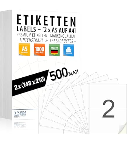 Printation Versand-Etiketten 210 x 148 mm - 1000 Etiketten selbstklebend 210x148 weiß - 500 DIN A4 Bogen Bigpack à 2 Adress-Aufkleber A5 / Klebeetiketten - Internetmarke DHL Etiketten Paket 3655 4628