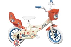 VÉLO ATLAS Vélo Enfant 12' Stitch de Disney équipé de 1 Frein, Panier Avant, Porte poupée arrière, Garde boues, Carter et stabilisateurs