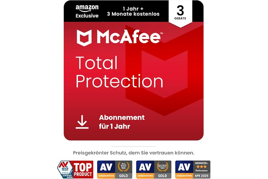 McAfee Total Protection (3 Geräte) 2025 | 15 Monate | Secure VPN, Sicherheitssoftware mit Virenschutz, Kennwort-Manager, Iden