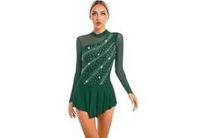CHICTRY Patchwork Vestito Danza Classica Donna Paillettes Body da Pattinaggio Artistico Leotards Body da Balletto Manica Lunga Abito da Jazz Latino Danza Moderna