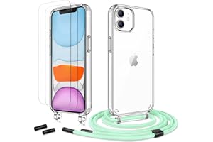 Anshow Handykette für iPhone 11 Hülle mit Band + 2 Schutzfolie, Robust Necklace Extrem Stoßfest Handyhülle iPhone 11 Case Transparent Schutzhülle zum Umhängeband Abnehmbar, LightGreen