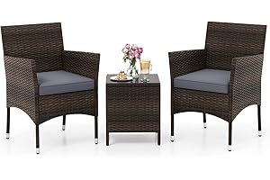 COSTWAY 3-Piece Patio Bistro Set, PE Rattan Furniture Set with Soft Cushions and Tempered Glass Top Table, Outdoor Furniture Wicker Conservatory Set for Balcony, Backyard & Poolside (Grey+Mix Brown)