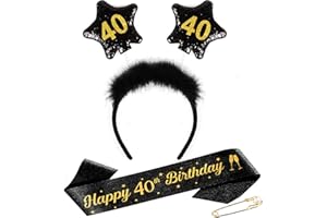TUZELIYA 40. Geburtstag Frauen Männer - 40 Geburtstag Kopfschmuck mit Geburtstagsgürtel, Anstecknadel - Haarschmuck Glitter Schärpe für Birthday Party Dekorationen