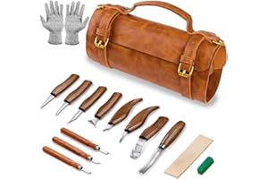 Fynokst Sculpture Bois Kit, 15 in 1 Pack Outils Deluxe contiennent des Couteaux à Tailler, Gouge a Bois, Gants, Pâte à Polir, un Sac en Cuir, pour Débutants/Professionnels