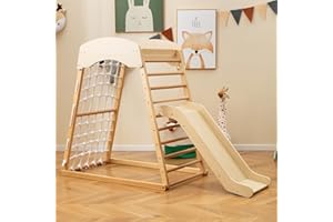 RELAX4LIFE Set di Arrampicata Multifunzione, Parco Giochi in legno Massello con Scivolo, Centro Attività da Interno, per Bambini 1 a 5 Anni (67x105x113 cm, Naturale)