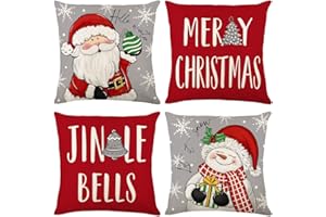 DOOFE Christmas Cushion Covers Set of 4-45x45cm Red Linen Xmas Cushion Covers, Xmas Pillow Cases Decor with Snowman Santa Claus for Indoor Christmas Decorations, Xmas Sofa Bed Chair Living Room Decor