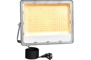 MEEKBOS 200W LED Flodljus Utomhus, 3000K Varmvit, 20000 Lumen Super Bright Säkerhetslampa med Schuko Kontakt, IP66 Vattentåli