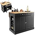 COSTWAY Drop-Leaf Kitchen Island, Storage Sideboard Cabinet with Extendable Rubber Wood Top, Drawers, Adjustable Side Racks & Shelves, Home Dining Room Cupboard Organiser, 120x90x92cm (Black)