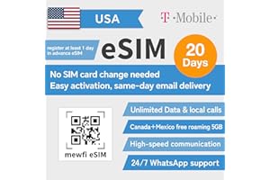 MEWFI USA eSIM (USA, Mexico, Canada universal), Unlimited Internet Data, T-Mobile SIM, Unlimited Speed US Prepaid Card, Unlimited Local Calls And Local Texts. Mexico, Canada Limited to 5GB (eSIM 20 Days)