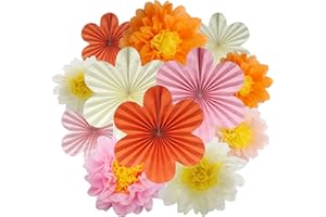 BestoFun 12er Set Papier Blumenfächer & Papierblumen Pompons Beige Orange Rosa Hängende Girlande Dekoration für Hochzeit Geburtstagsfeier Gartenparty Tischdeko