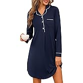Jahetuul Chemise de Nuit Femme Coton Manches Longues Col V avec Poche Classique Pyjama Confortable avec Boutons Ouvert Devant