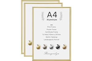 Rieeyrslza Cornice in Alluminio A4 Cornici per Documenti Cornice Foto da Tavolo Set di 3 Cornice Foto Adatto per La Casa e La Scuola(Oro)