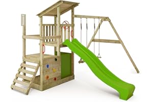 FATMOOSE Aire de Jeux FruityForest Fun XXL portique en Bois avec balançoire et Toboggan Vert Pomme, Tour d'escalade pour Enfants avec bac à Sable, échelle et Accessoires de Jeu pour Le Jardin.