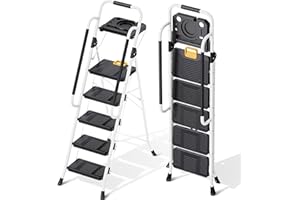 KINGRACK Folding 5-Step Ladder, 800 lbs Capacity Step Stool with Safety Lock, Tool Tray, Non-Skid Wide Steps, Handrail, Household Ladder for Home, Garden, Painting, Outdoor, and Garage Use, White