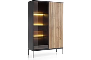 Emporius Haller Vitrinenschrank 100 cm, Glasvitrine Stehend - Highboard, Vitrine, Glasvitrine Schwarz mit LED und Lamellen - 166 cm hoch