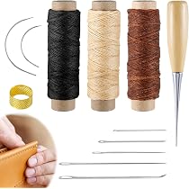 Kit Couture Cuir Complet 21 Pièces – Fil Ciré Multicolore, Aiguilles Variées, Poinçon & Dé à Coudre – Idéal Réparation Canapé, Sacs & Artisanat Cuir