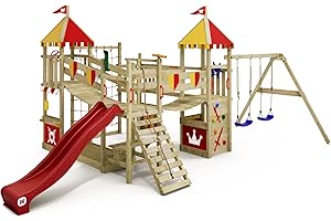 WICKEY Aire de Jeux Smart Queen portique en Bois avec bâche en Rouge-Jaune & balançoire et Toboggan Rouge, Tour d'escalade pour Enfants avec bac à Sable, échelle et Accessoires de Jeu pour Le Jardin.
