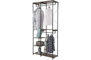 eSituro Perchero de Pie Perchero con Banqueta Almacenaje Multiusos de Entrada con 4 Estantes para Ropa Zapatos, Bolsos, Madera+Metal Negro+Vintage SGR0097