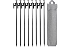 goldmiky Piquets De Tente Robustes, Piquets de Tente en Acier Forgé, 30cm Sardines Camping avec Crochet Clous de Fixation Sol Dur pour Tente Tarp Plage Jardin (8 Pièces) Noir