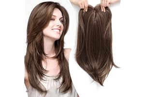 Ms Taj Hair Toppers for Thinning Hair 18inch,Dark golden brown with highlights Long Layered Hair Toppers for Women Synthetic Add Volume, Natural Straight Clip in Hair Pieces for Women