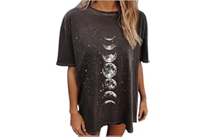 Riou T-Shirt da Donna Divertente Casual Oversize Taglie Forti Maglietta Maniche Corte con Stampa Luna di Sole，Modello Stella e Luna Streetwear Sciolto per Primavera Estate Stelle e Luna