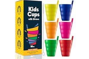 JoyServe Kids Straw Cups - (Set of 6) 10oz Cups for Kids w/Built in Straws for Everyday Use, Stackable BPA-Free Plastic Sip-A-Cup Drink Tumblers for Water, Juice, Milk, Dishwasher Safe, Neon Colors