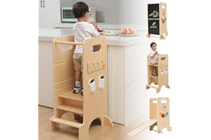 Olvy Kids 4-en-1 Tour d'apprentissage Montessori – Tabouret en Bois – Marchepied Enfant 4 Marches – Tour d’Observation Sécurisée – Escabeau Montessori dès 1 an