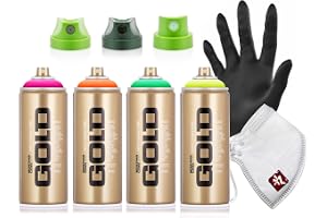Montana Gold Sprayburkar set 400 ml – 4 färger neongrön rosa orange gul – inkl. 3 sprayhuvuden, skyddsmask och nitrilhandske