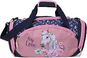 RAGUSA-TRADE Pferde Pony Umhängetasche Sporttasche für Mädchen Kinder Reisetasche - 35 x 22 x 18,5 cm, blau/rosa, Volumen ca.14,2 Liter