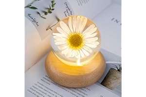 MARZIUS Blumen-Kristallkugel-Nachtlicht, 7 cm Glaskugel-Nachtlampe mit Holzsockel, Dekorationen, Geschenke für Männer, Frauen, Kinder, Jungen, Mädchen, Teenager (Leucanthemum)