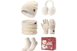 PASUDA 5pcs Ensemble Hiver Femme 5 en 1 Bonnet Echarpe Gant Tricoté Chaud Écharpe de Doublure Polaire Gants d'écran Cache-Oreilles Chaussettes Thermiques Pour Ski Sports Extérieur