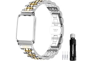 Gheper Metal Watchband Compatible with Samsung Galaxy Fit3[2024] SM-R390 Smartwatch Accessory Stainless Steel Protective Frame Case Design Replacement Wrist Strap Bracelet for Women Men