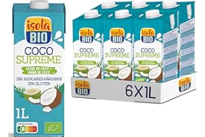 Isola Bio - Pack de 6 Unidades de 1 L de Bebida Ecológica Vegetal de Coco Supreme - Sin Azúcar Añadido y Libre de Gluten - Apto para Veganos - Ideal para Tomar Sola, con Café o en Batidos