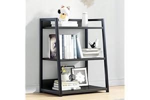 IOTXY Schwarz 3-Regalböden Offenes Bücherregal - Metall-Holz-Bücherständer-Regal, Leiter-bücherbord, Open Shelf Bookcase, Bookshelf