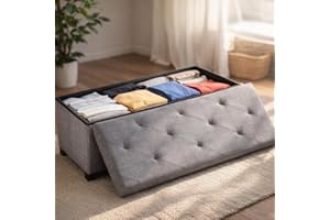 ‎DUMOS DUMOS Sitzbank mit Stauraum, Aufbewahrungsbox mit Deckel, 110 x 38 cm Truhenbank mit Stauraum, Sitzhocker mit Stauraum, bis 150 kg Belastbar, Fusshocker für Wohnzimmer Schlafzimmer Schlafsaal, Grau