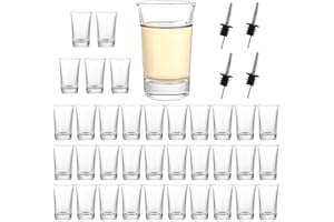 YAYODS 36 vasos de chupito de cristal de 5 cl, aptos para lavavajillas, reutilizables con 4 vertedores de botellas de acero inoxidable para licor de hierbas, Bismarck, vodka, tequila