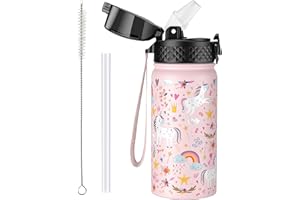 OLDLEY 420ml/14oz Kids Stainless Steel Insulated Water Bottle with Straw for School Reusable Metal Vacuum Small Flask Leakproof Keep Drinks Hot Cold for Boys Girls Toddlers Children (Unicorn, 420ml)