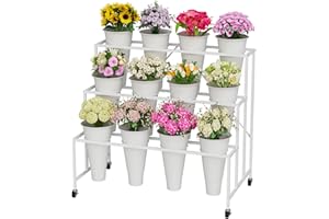NEYCIL BlumenstäNder, 3-StöCkiger BlumenpräSentationsstäNder Mit Eimern FüR Drinnen Und DraußEn, Blumenwagen-PräSentationsstäNder Mit RäDern FüR Innenhof, Balkon, Blumenladen, Hochzeit, Party, Weiß