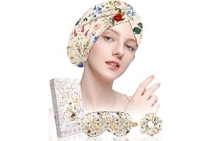 Miss Adola Silk Bonnet for Sleeping - Mulberry Silk Hair Bonnet for Women Sleeping Cap with Silk Hair Scrunchie & Eye Mask 19 Momme Night Cap with Elastic Stay On Head for Curly Hair Care, Flower