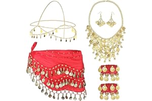 Vulevirtue 7 Pezzi Cintura Sciarpe di Danza del Ventre,Gonna di Danza del Ventre Cintura Avvolgente con Orecchini con Monete d'oro, Collana, Braccialetti e Copricapo