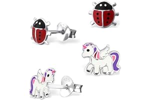 GOLDENE HUFEISEN GH* Lot de 2 paires de boucles d’oreilles petites coccinelles + licorne ailée en émail et en argent sterling 925, boucles d’oreilles pour petites filles et enfants