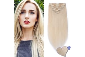 Elailite Hair Extensions Real Human Hair Clip in Blonde Thick Double Weft Remy Natural Hair - 8 Pieces Full Head Straight - #70 Bleach White - 16 Inch (130 g)